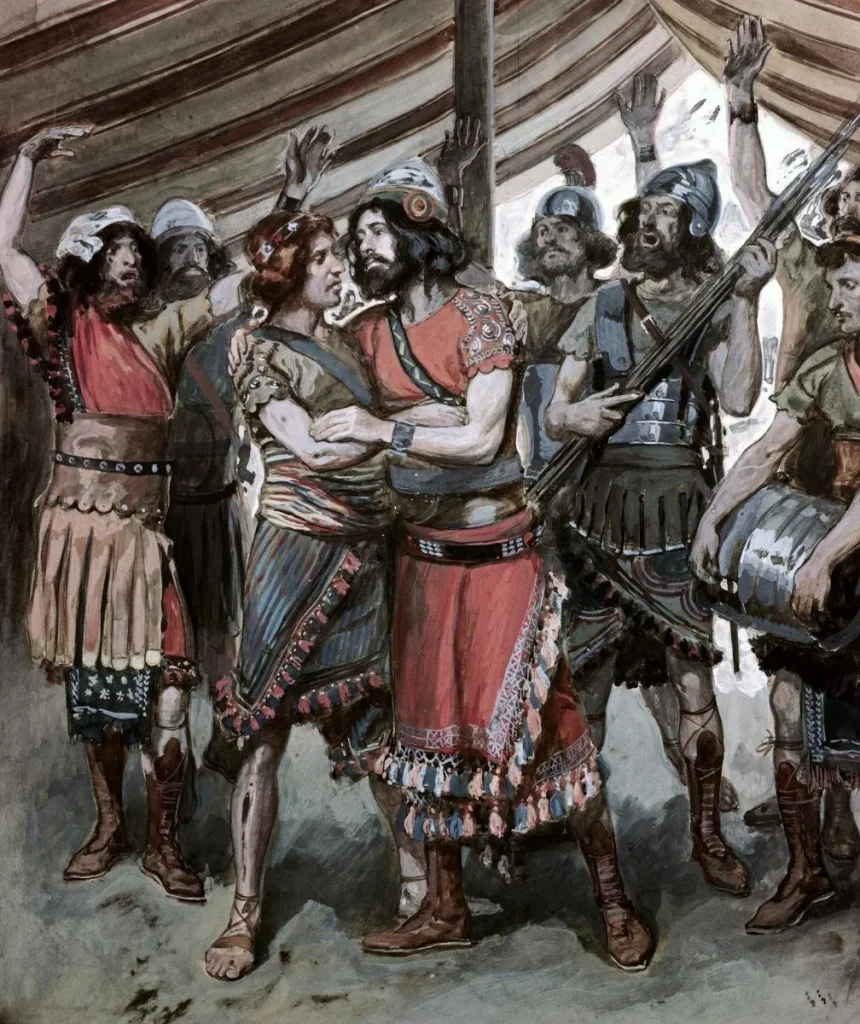 James Tissot's painting of David and Jonathan embracing, symbolizing biblical intimacy, covenant, and the Hebrew concept of yadaʿ as relational knowing.