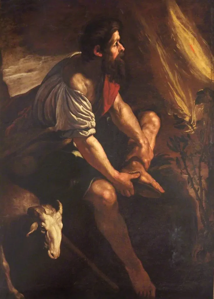 Moses before the burning bush, symbolizing divine encounter, revelation, and the biblical concept of yadaʿ as relational knowing.