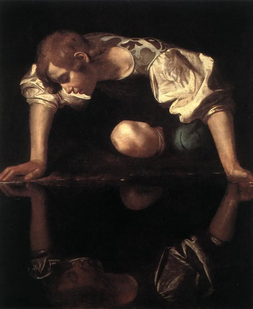 Caravaggio's Narcissus, depicting the mythological figure gazing into his own reflection as a metaphor for self-recognition and psychological projection.