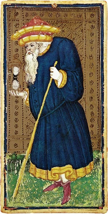 Tarot symbolism - The Hermit card from the Visconti–Sforza Tarot, symbolizing introspection, wisdom, and the search for inner truth through symbolic reflection.