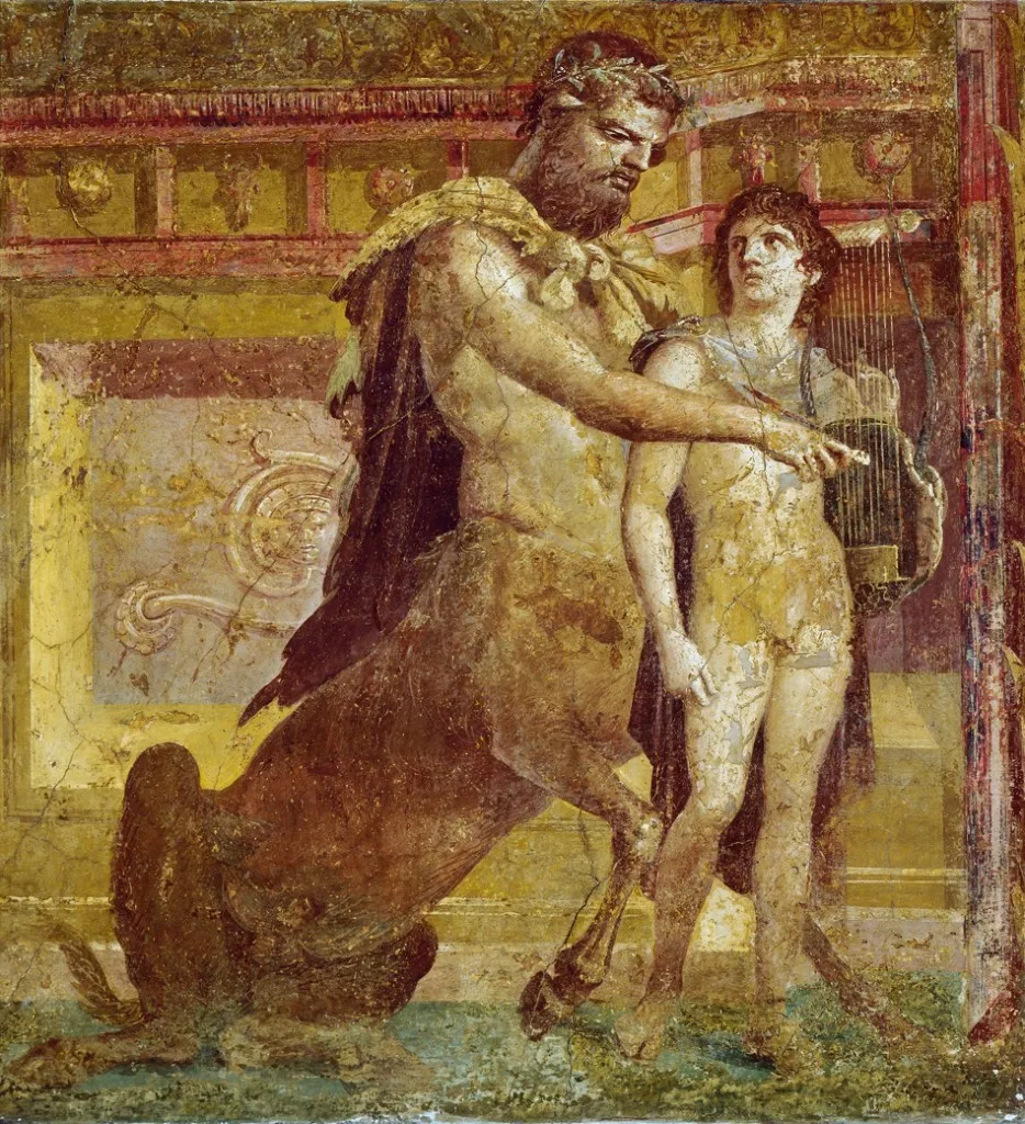 Chiron in astrology - teaching Achilles to play the lyre in a Roman fresco from Herculaneum