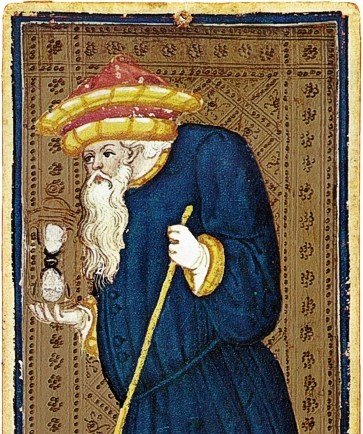 The Hermit card from the Visconti–Sforza Tarot, symbolizing introspection, wisdom, and the search for inner truth through symbolic reflection.