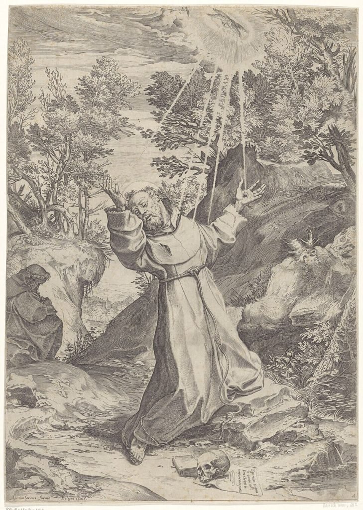 Historic engraving depicting Saint Francis of Assisi receiving the stigmata, symbolizing initiation, sacred wounding, and spiritual transformation.