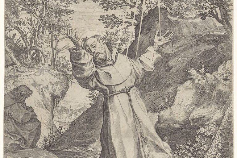 Historic engraving depicting Saint Francis of Assisi receiving the stigmata, symbolizing initiation, sacred wounding, and spiritual transformation.