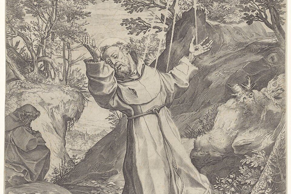 Historic engraving depicting Saint Francis of Assisi receiving the stigmata, symbolizing initiation, sacred wounding, and spiritual transformation.