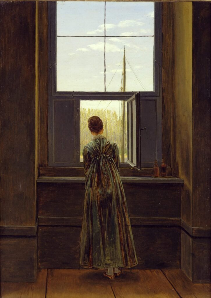 Woman at a Window by Caspar David Friedrich, a woman looking out toward the world