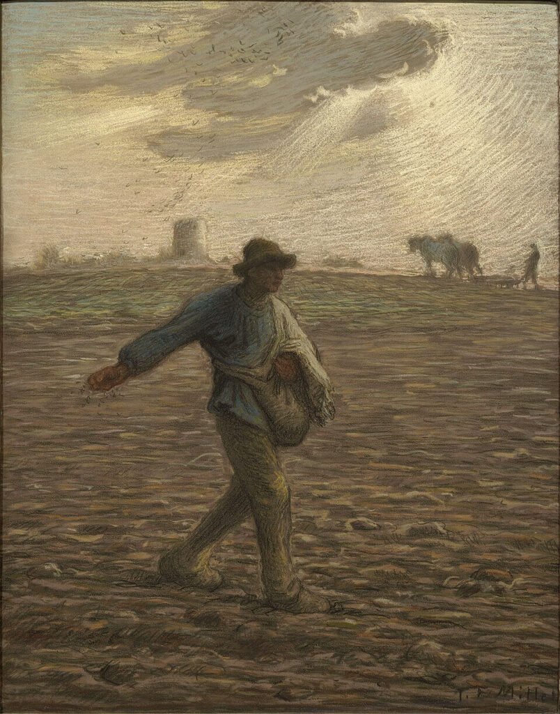 The Sower by Jean-François Millet, a solitary figure sowing seeds across a field