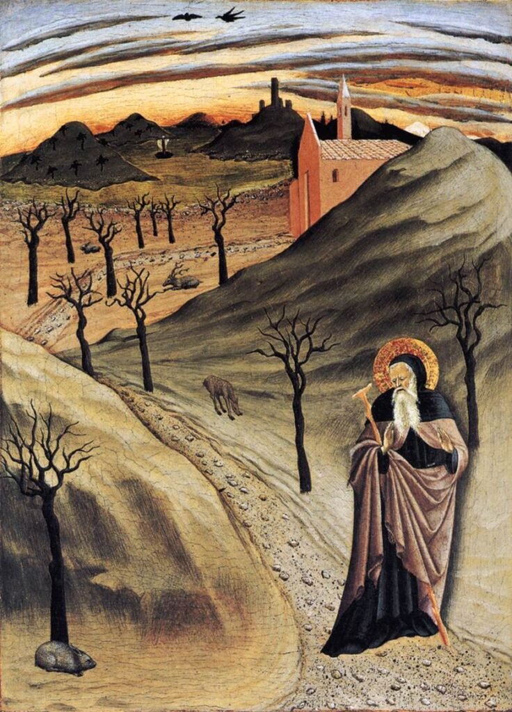 Saint Anthony Abbot alone in the wilderness, tempted by a heap of gold