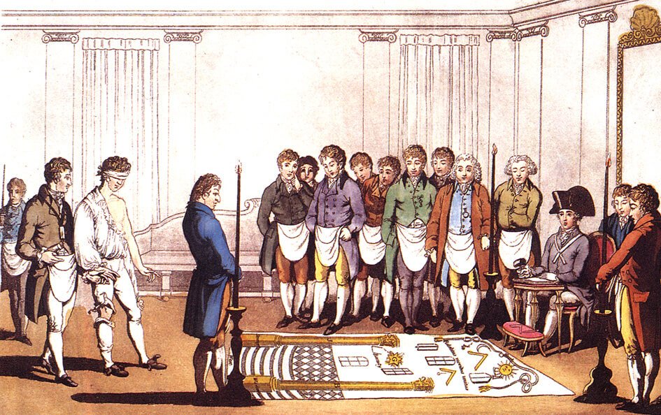 Historical engraving depicting the initiation of an apprentice Freemason