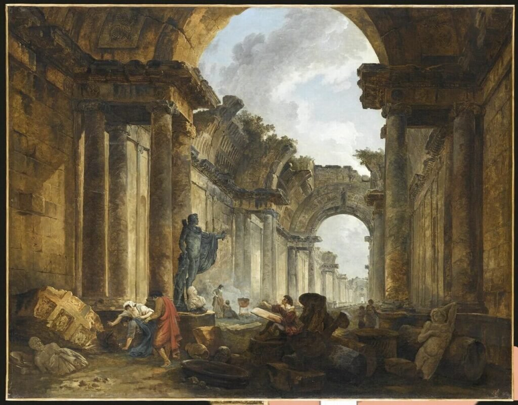 An imagined view of the Louvre’s Grand Gallery reduced to picturesque ruins.