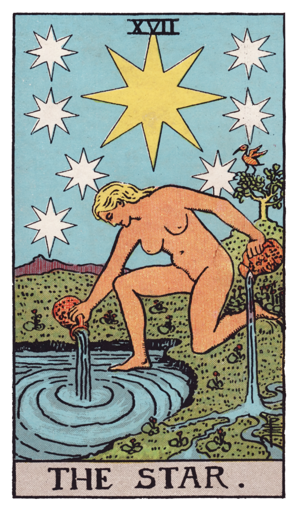 The Star tarot card showing a kneeling nude figure pouring water beneath an open night sky.