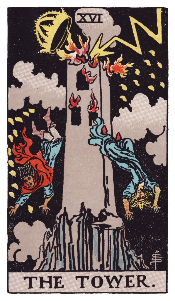 The Tower tarot card showing lightning striking a crowned tower as two figures fall.