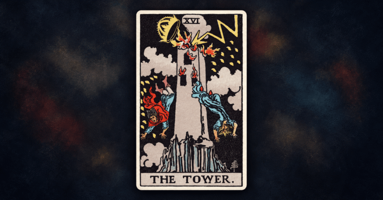 The Tower tarot card showing lightning striking a crowned tower as two figures fall.