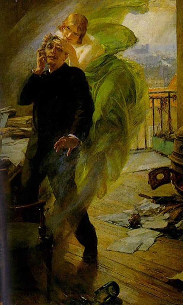 A man stands among scattered papers while a floating woman in green grips his head in an attic studio.