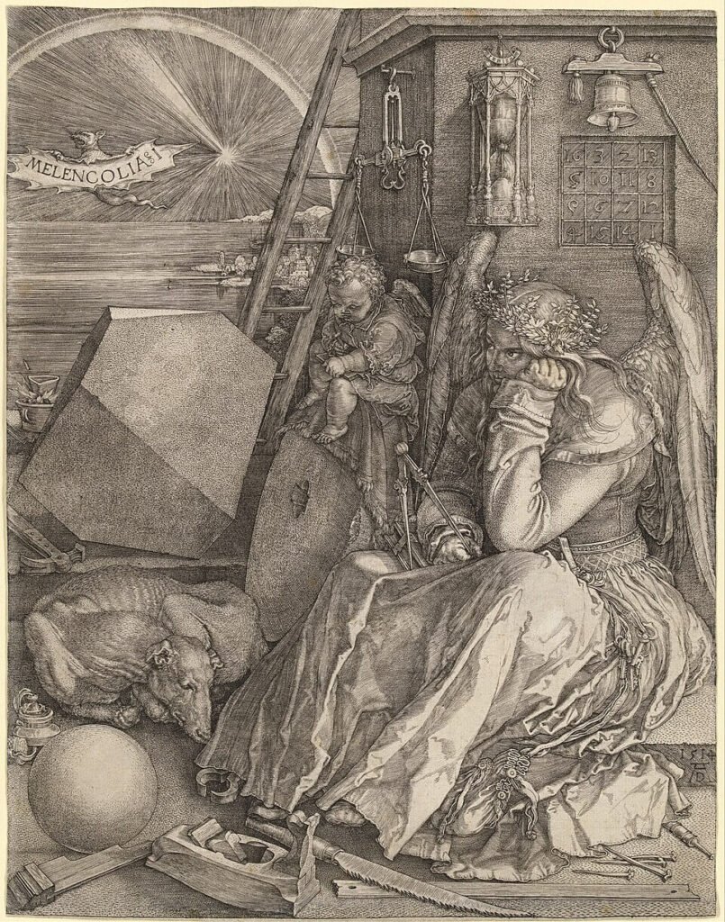 Melencolia I: A seated winged figure surrounded by tools, geometric objects and an hourglass in a detailed engraving.