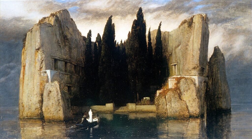 Arnold Böcklin's Isle of the Dead, showing a small boat approaching a dark rocky island lined with cypress trees