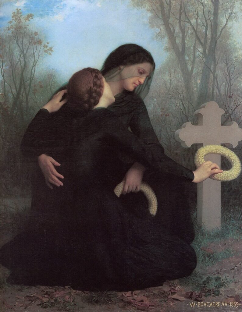 William-Adolphe Bouguereau's Le jour des morts, depicting women mourning beside a grave with flowers and a cross