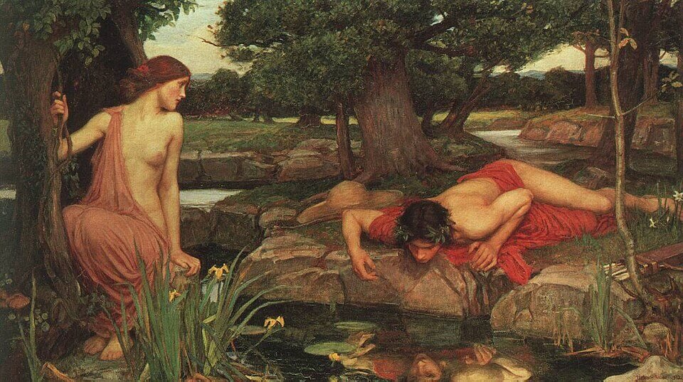 A woman in pink watches a young man in red drapery lean over a woodland pool to look at his reflection.
