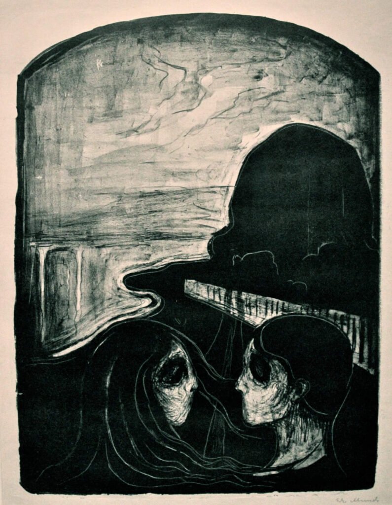 Two faces in profile linked by long, flowing hair in Edvard Munch’s lithograph Attraction I.