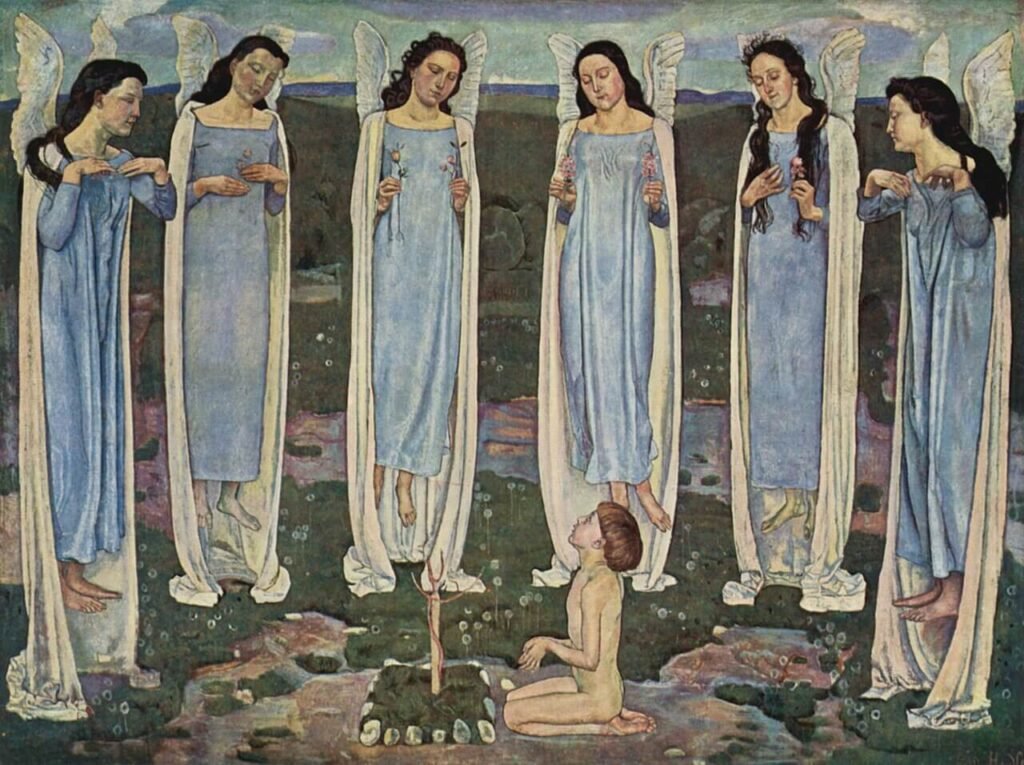 A child kneels beside a small tree in a flower-filled meadow, surrounded by winged female figures in pale robes.