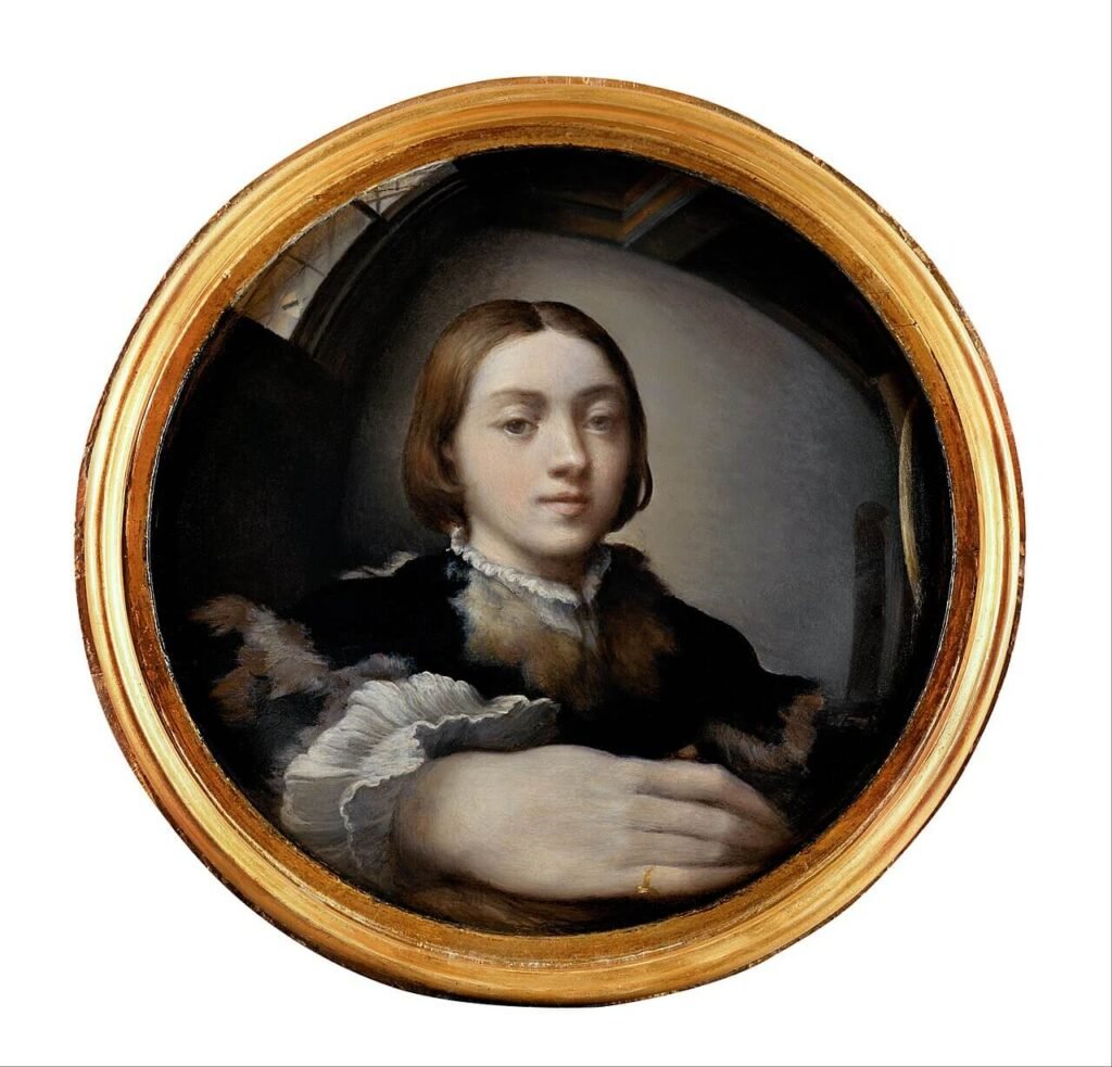 Parmigianino’s circular self-portrait with an enlarged hand in the foreground and his studio reflected in the curved perspective of a convex mirror.
