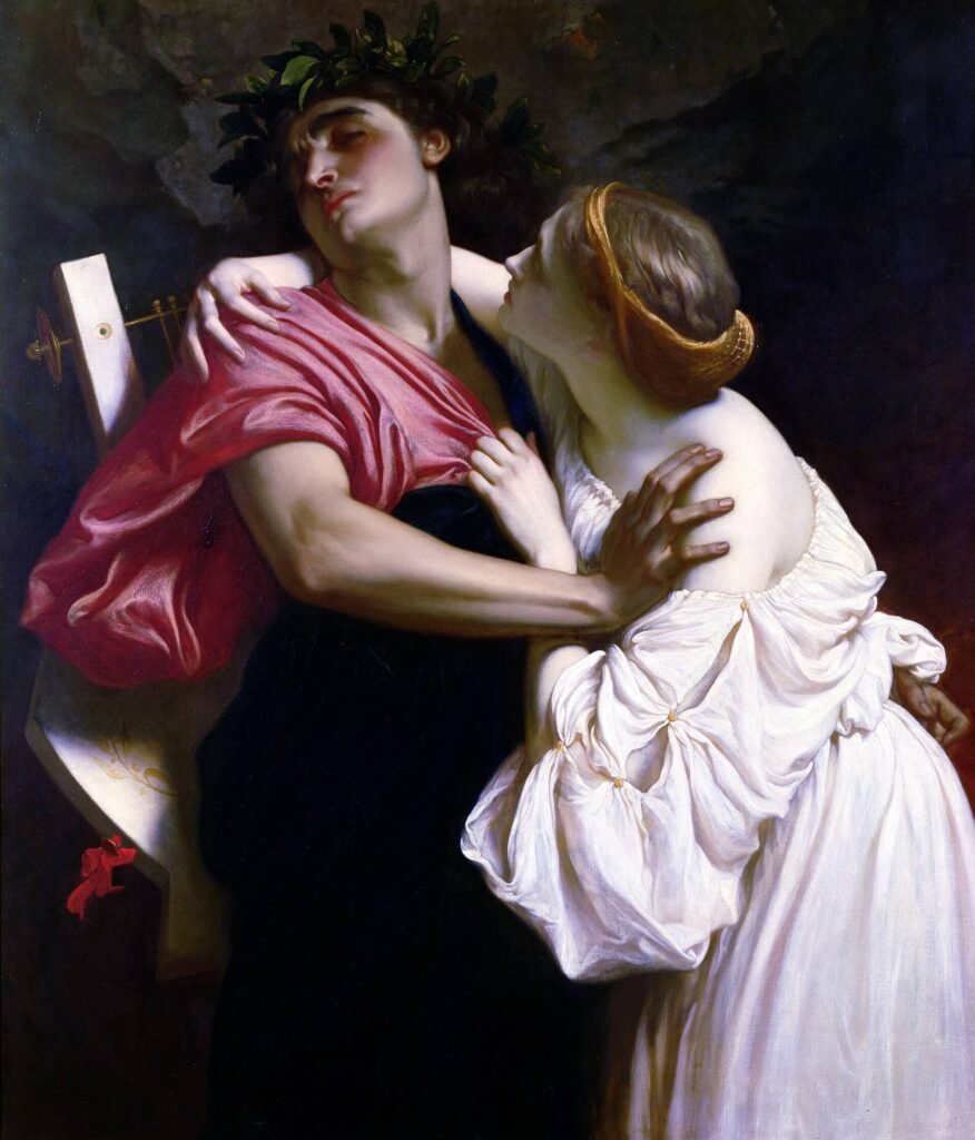 Eurydice leans towards Orpheus, who turns his face away while holding her back, in Frederic Leighton’s painting.