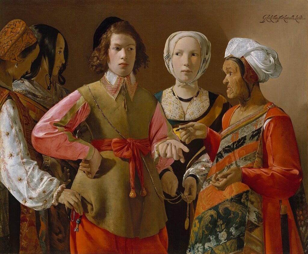 A young man surrounded by richly dressed women, facing an older fortune-teller while other women beside him steal his belongings.