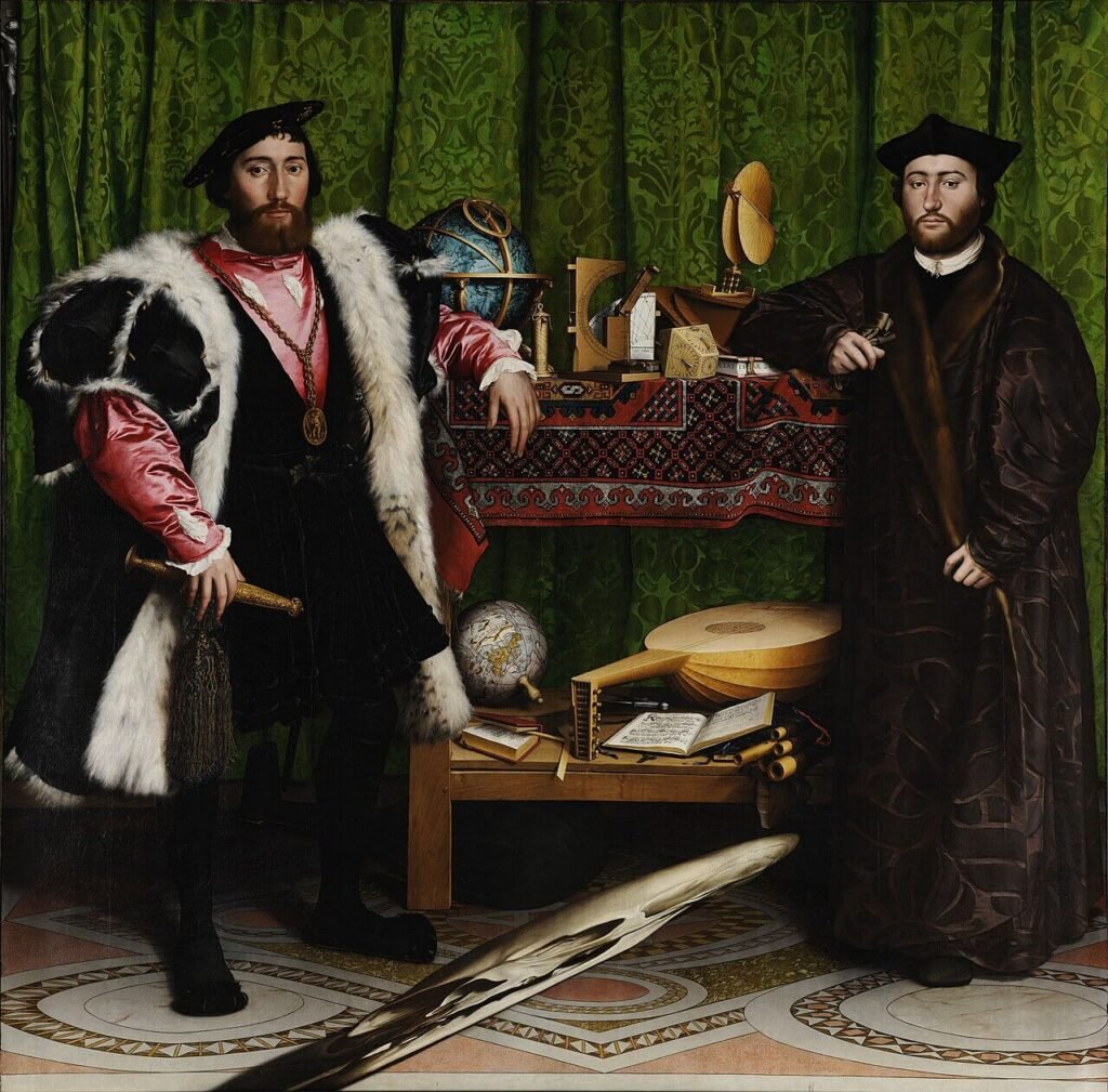 Two richly dressed men stand beside shelves holding globes, books and instruments, with a distorted skull across the tiled foreground.