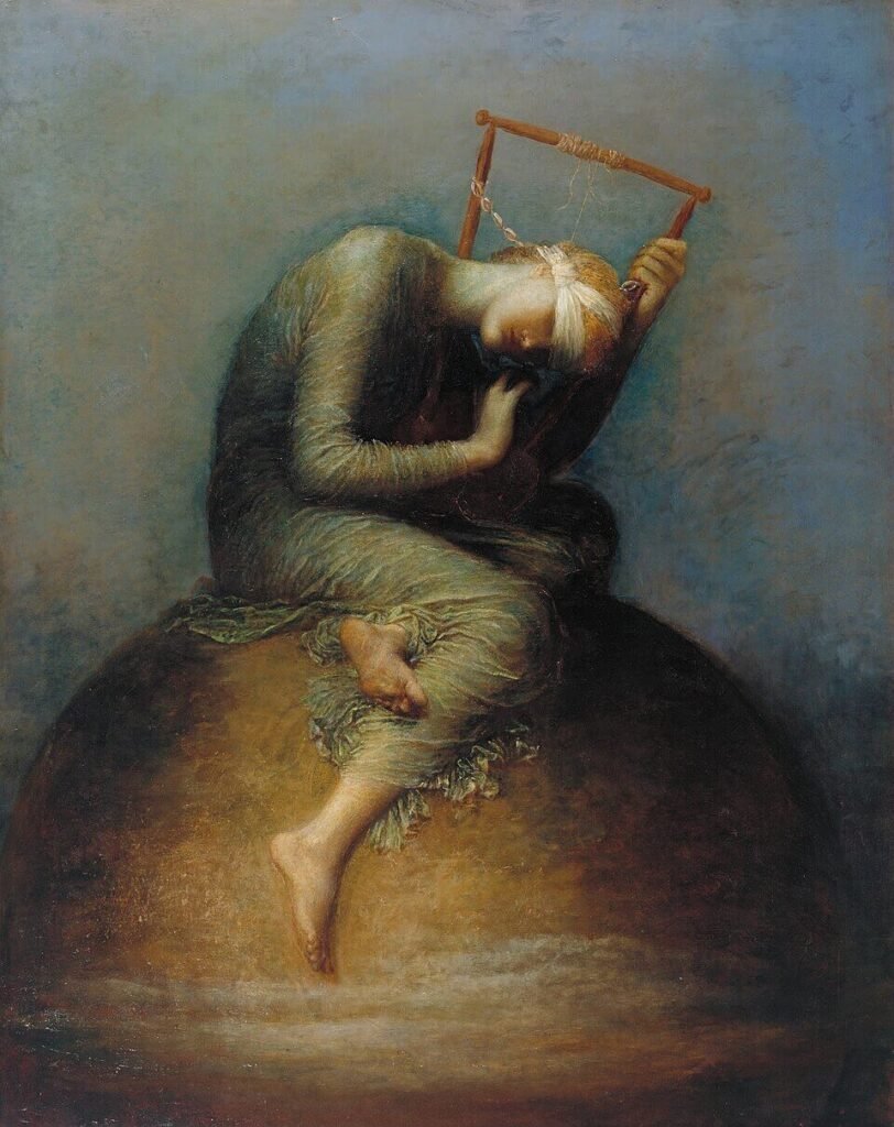Blindfolded woman seated on a globe, listening to a lyre with one unbroken string against a blue-grey background.