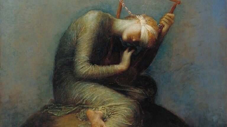 Blindfolded woman seated on a globe, listening to a lyre with one unbroken string against a blue-grey background.