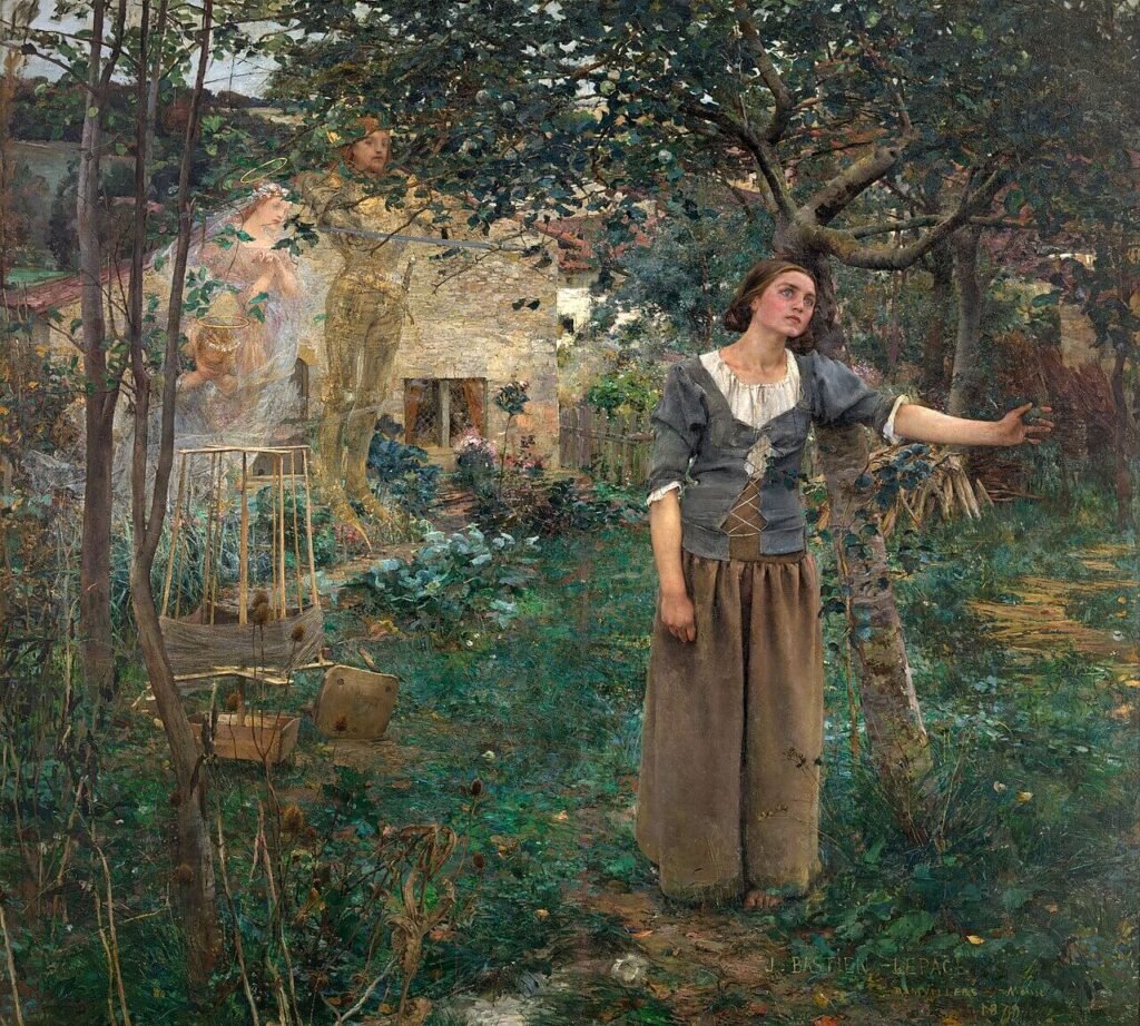 Joan of Arc stands among trees in a garden, with faint figures of saints near the house behind her.
