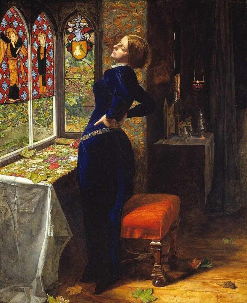 Woman in a blue dress stretching beside an embroidery table in a richly patterned interior with stained-glass windows.