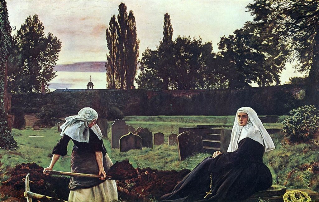 John Everett Millais's The Vale of Rest, showing two nuns in a graveyard at dusk beside freshly turned earth and a partially open grave
