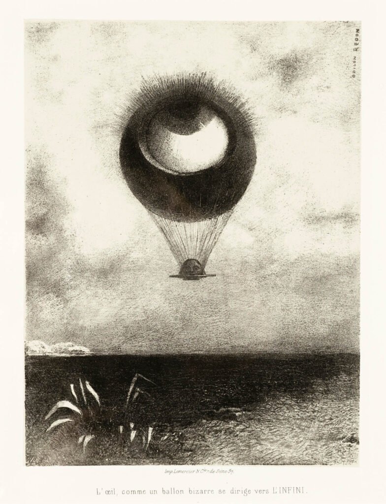 A giant eye shaped like a hot-air balloon floats above a dark landscape, with a small human head suspended beneath it.