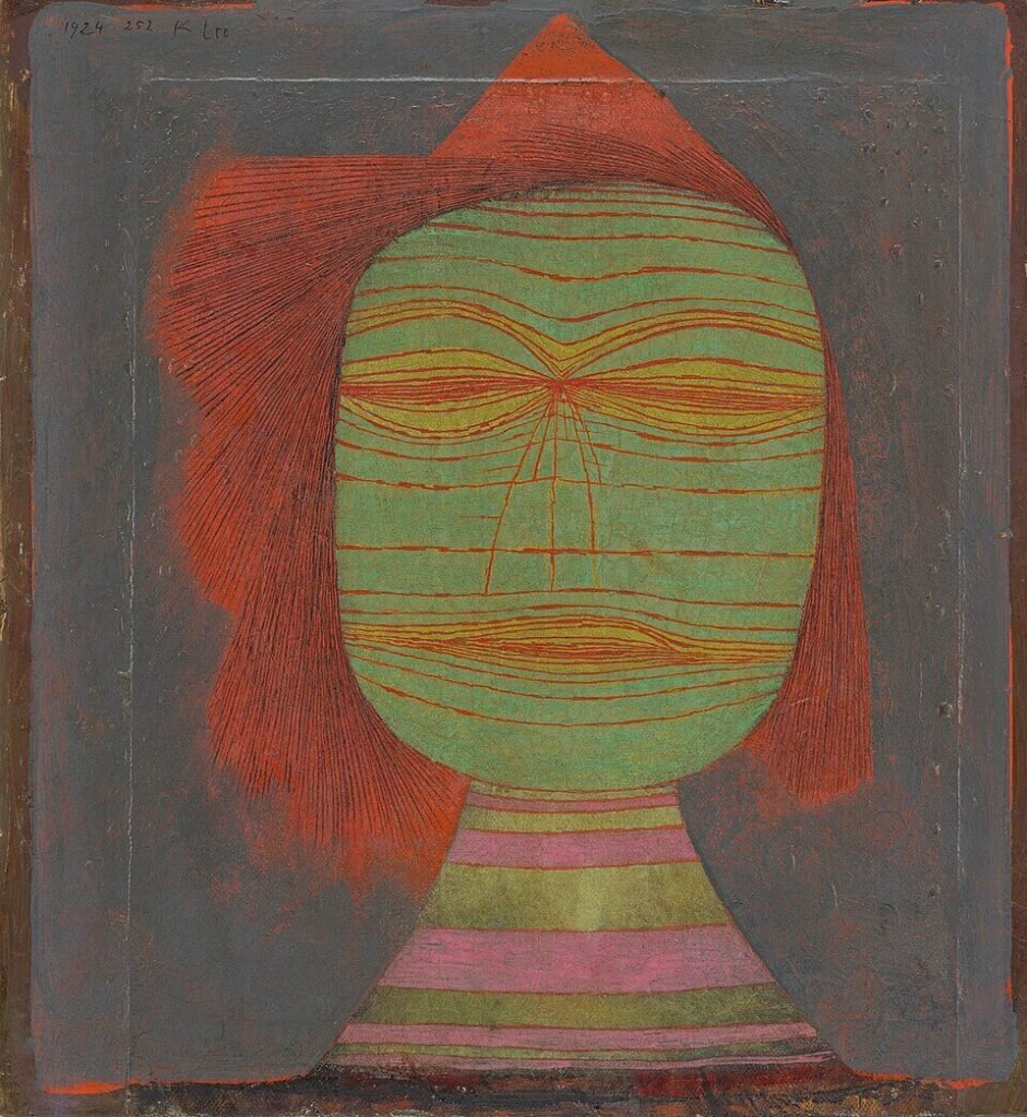 An abstract, mask-like face formed by overlapping red and green lines against a pale, textured background.