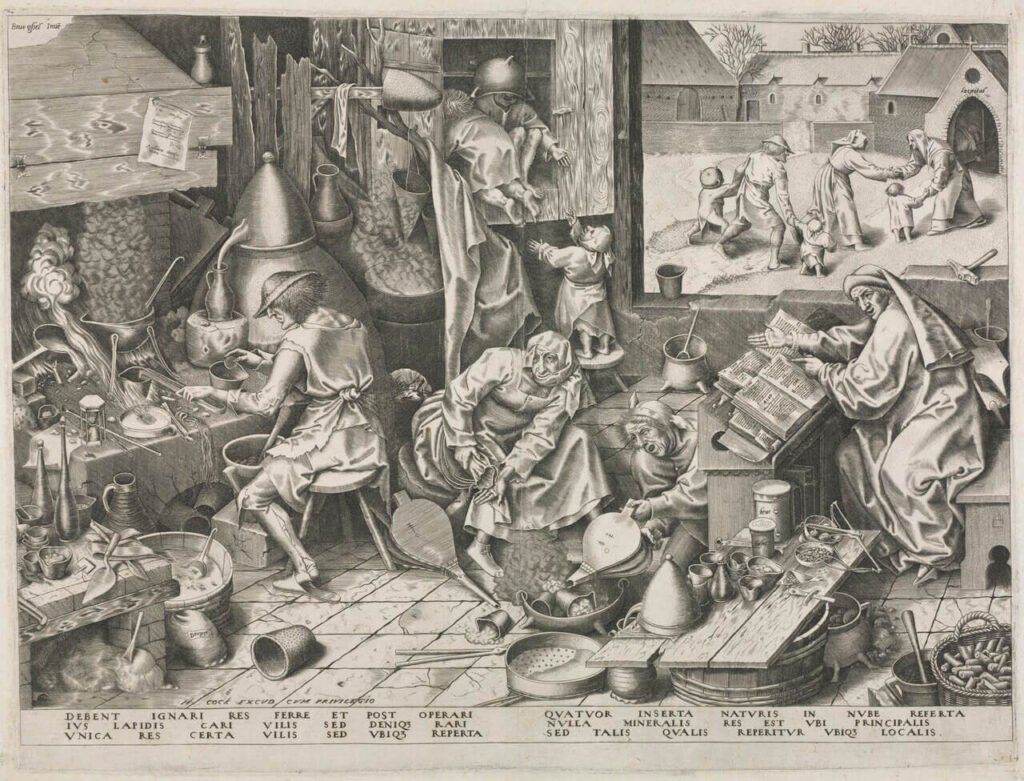 Black-and-white engraving of a crowded alchemist’s workshop, with figures working among furnaces, vessels, tools and open books.