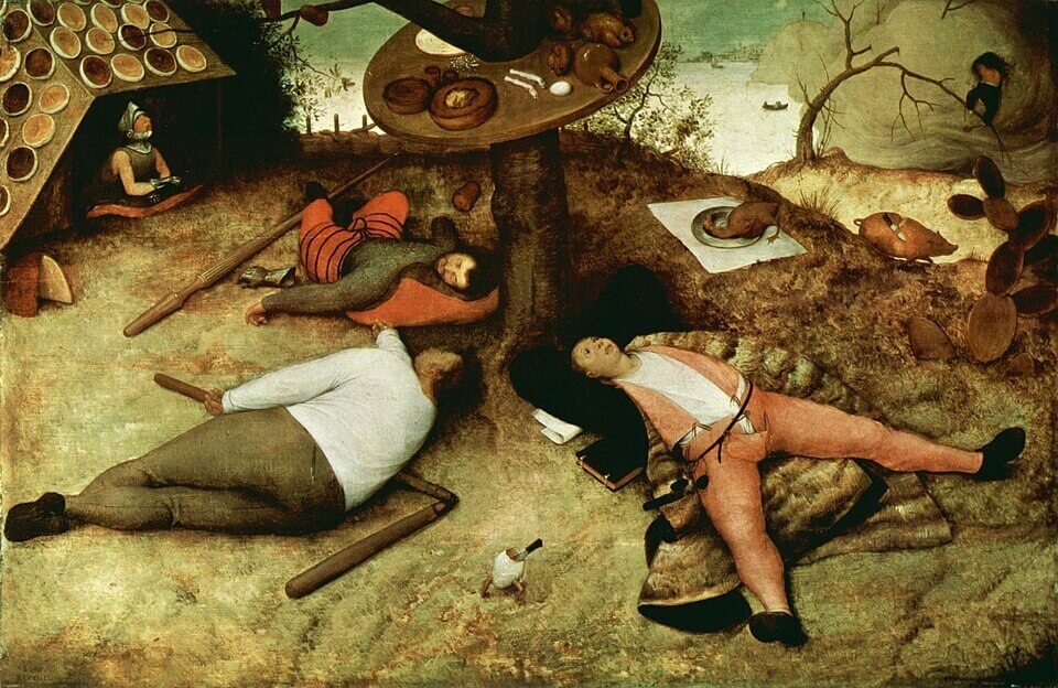 The Land of Cockaigne: Three people lie beneath a tree in a landscape filled with abundant food.