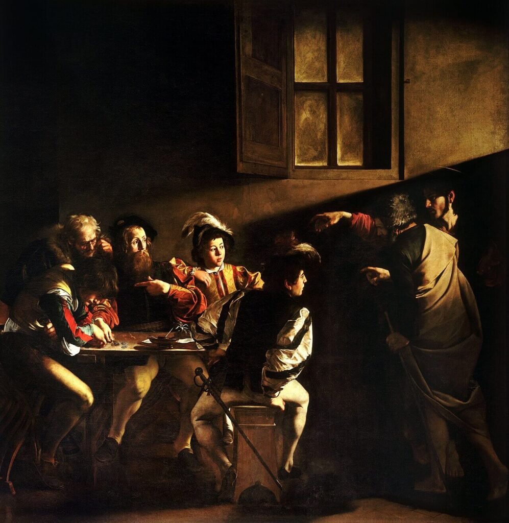 Christ and Saint Peter stand on the right as Christ gestures towards men at a table beneath a diagonal beam of light.