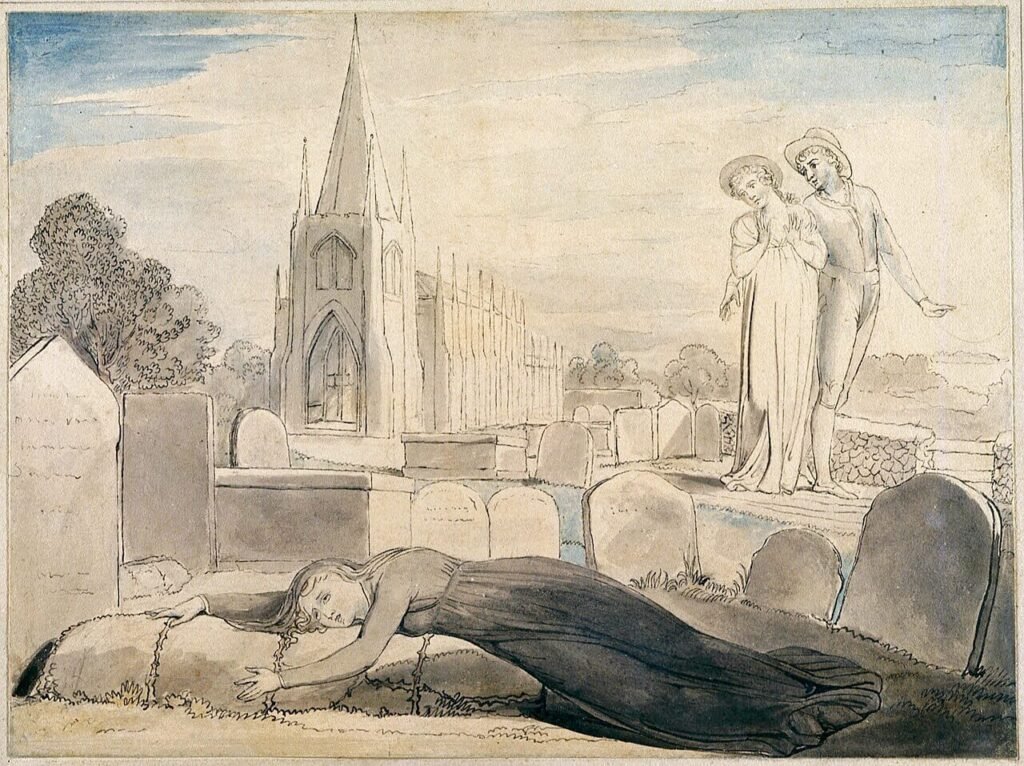 William Blake's The Widow Embracing Her Husband's Grave, showing a grieving woman stretched across a grave in a churchyard
