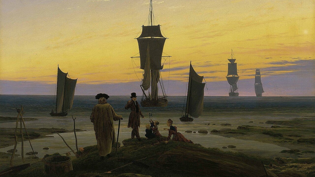 Five figures of different ages stand on a rocky shore at dusk while sailing ships move across the sea.