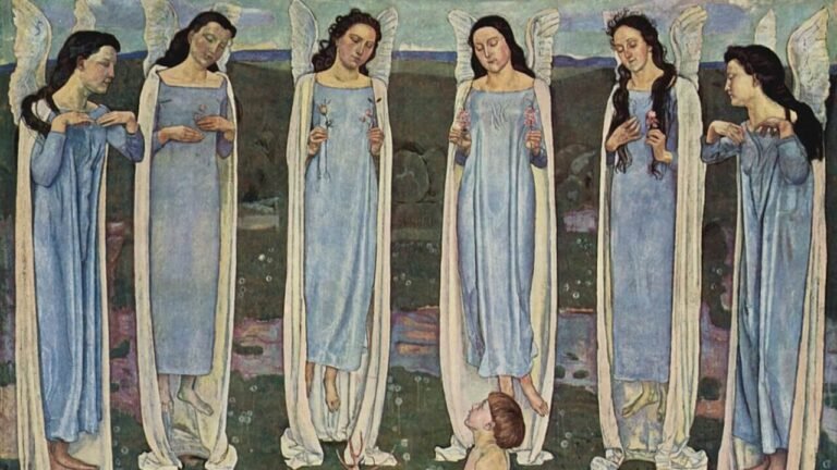 A child kneels beside a small tree in a flower-filled meadow, surrounded by winged female figures in pale robes.