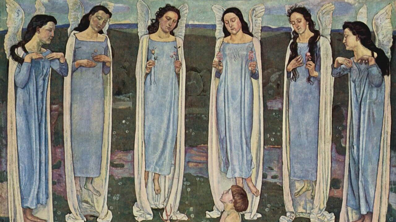 A child kneels beside a small tree in a flower-filled meadow, surrounded by winged female figures in pale robes.