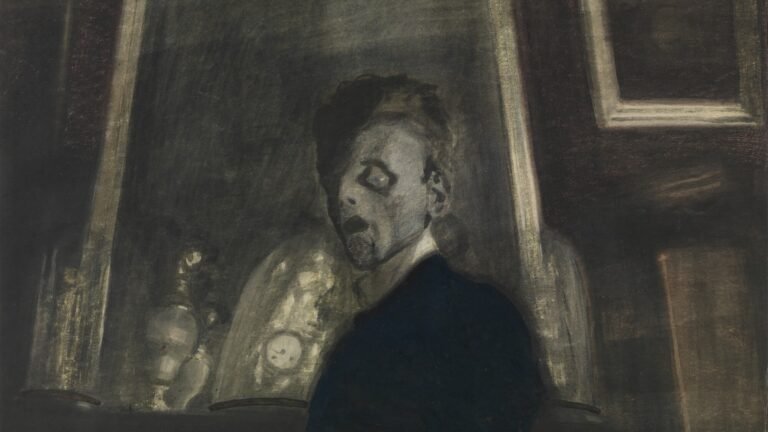 Léon Spilliaert’s pale face and shadowed eyes before a large mirror in a dim room with a reflected clock.