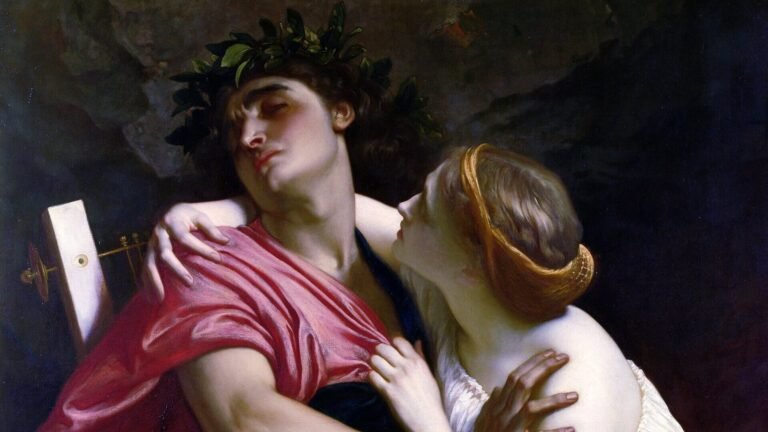 Eurydice leans towards Orpheus, who turns his face away while holding her back, in Frederic Leighton’s painting.