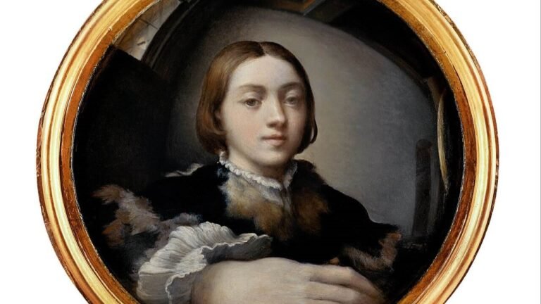 Parmigianino’s circular self-portrait with an enlarged hand in the foreground and his studio reflected in the curved perspective of a convex mirror.
