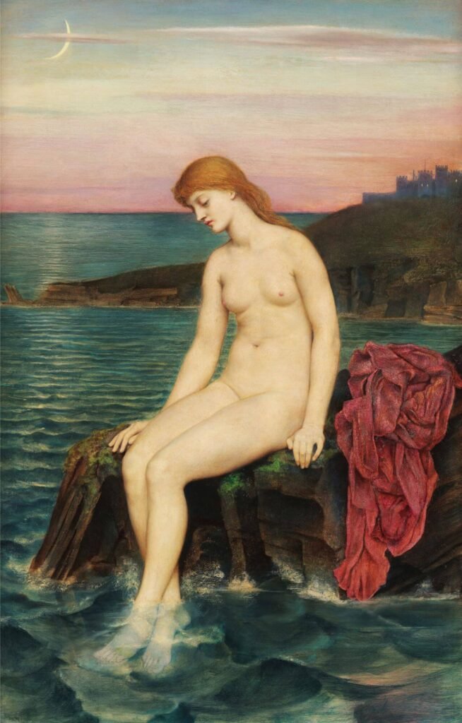 A golden-haired nude woman sits on a rock with her feet in the sea, beside red drapery beneath a crescent moon.