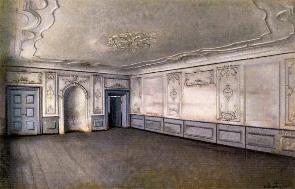 An empty grey hall with ornate wall panels, wooden floorboards and an open doorway leading into a darker room.