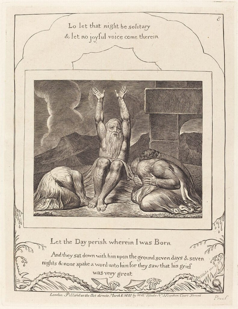 Monochrome engraving of Job seated with both arms raised, flanked by bowed figures beneath a turbulent sky.