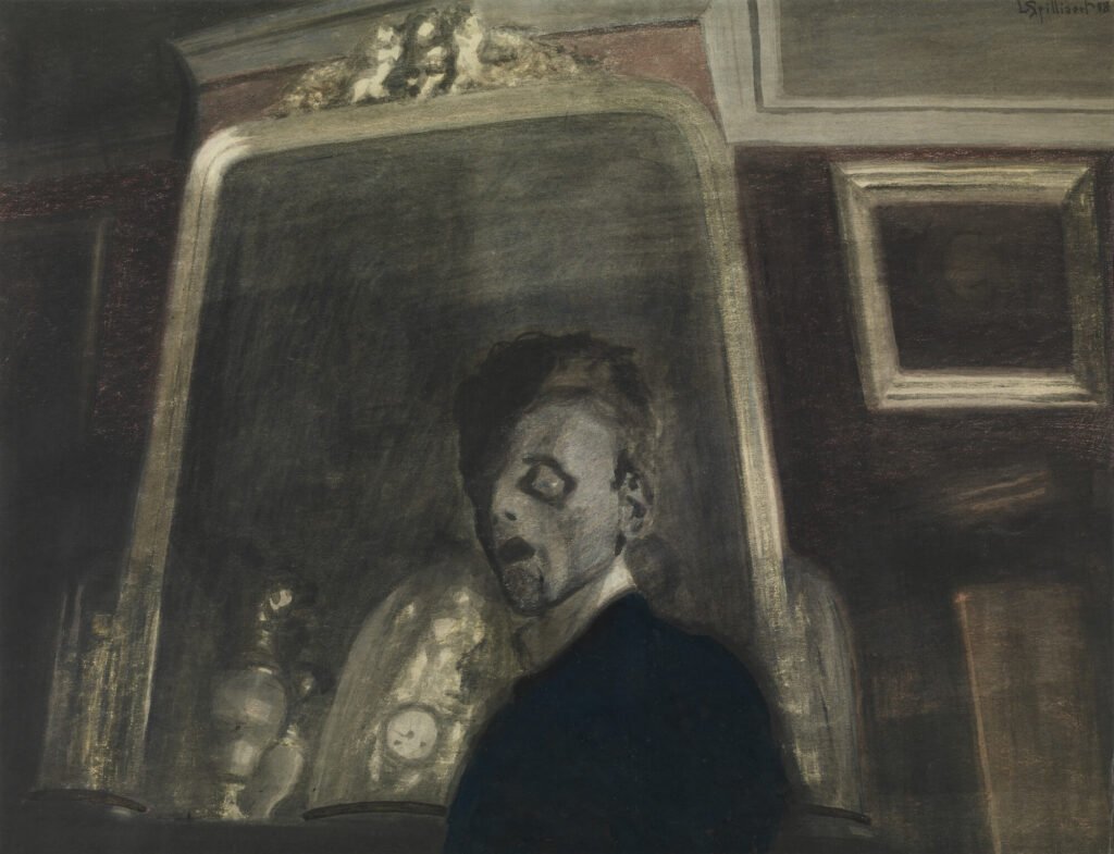 Léon Spilliaert’s self-portrait before a large mirror, illustrating the theme of self-surveillance.
