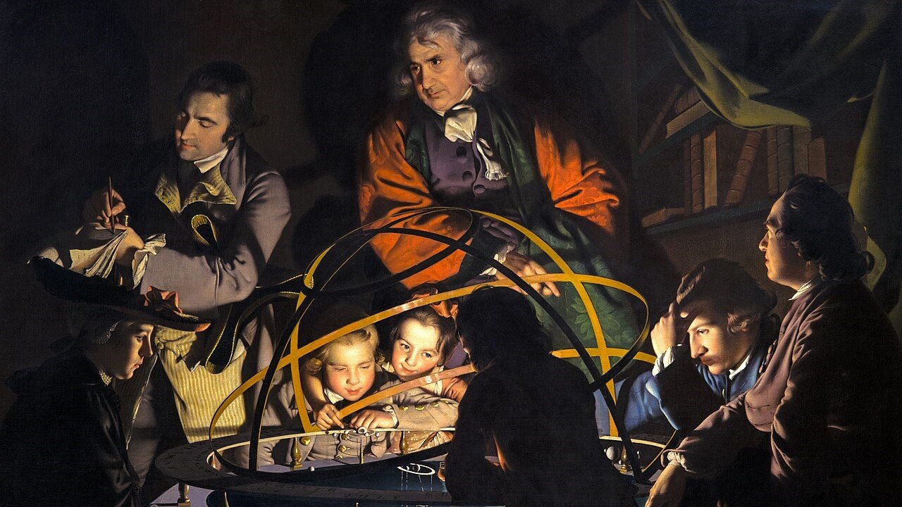 A candlelit group studies a model of the solar system in The Orrery, illustrating the question: do transits cause events?